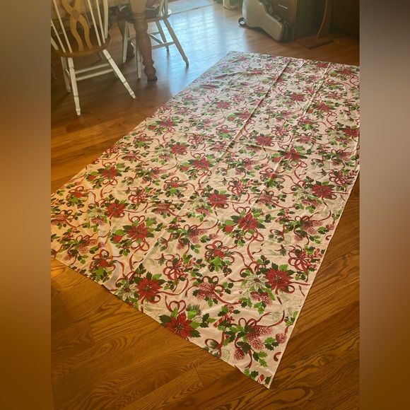 Vintage Christms Tablecloth LONG 101” x 60” poinsettias, candy, canes, pinecones - Picture 2 of 4